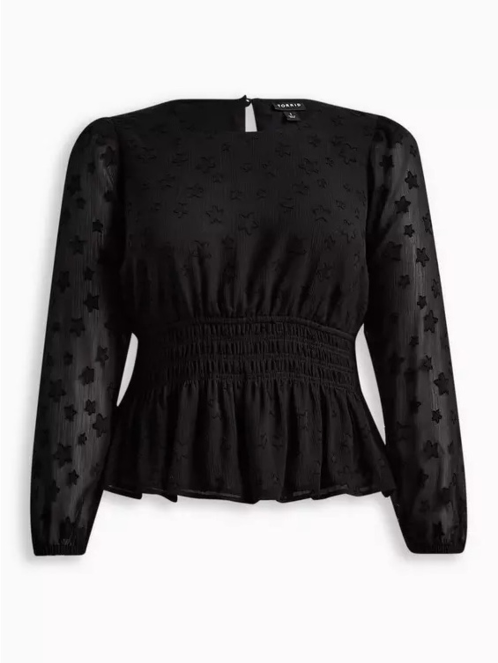torrid Black Star-Embroidered Smocked Peplum Long-Sleeve Top